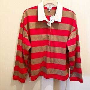 J. Crew Rugby Polo Shirt Medium Red Tan Striped Cotton Casual